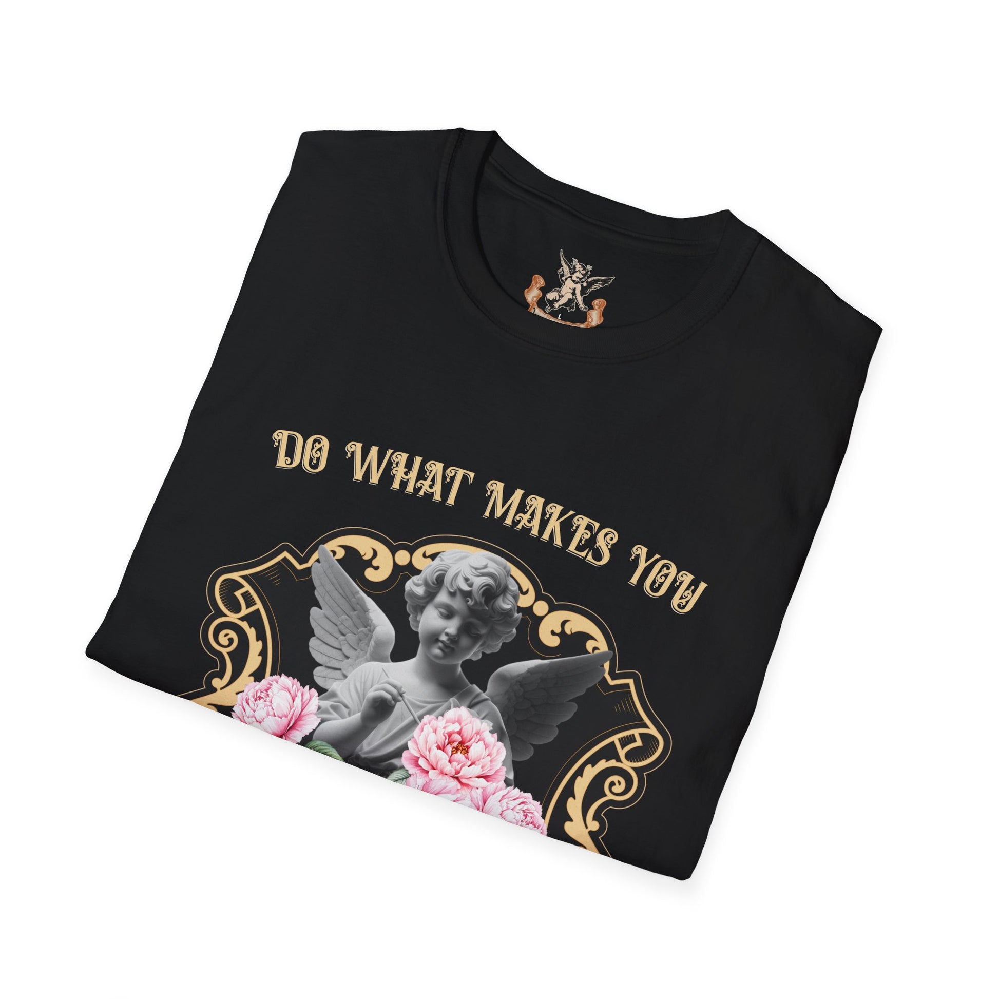 Folded black sweatshirt with angel design and text on a white background