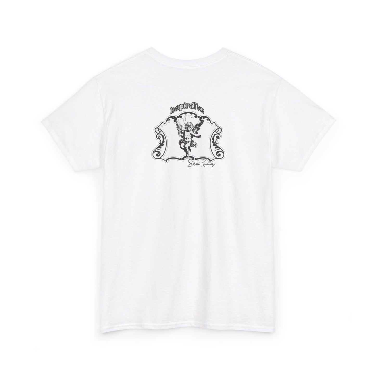 White t-shirt with black graphic design on a white background