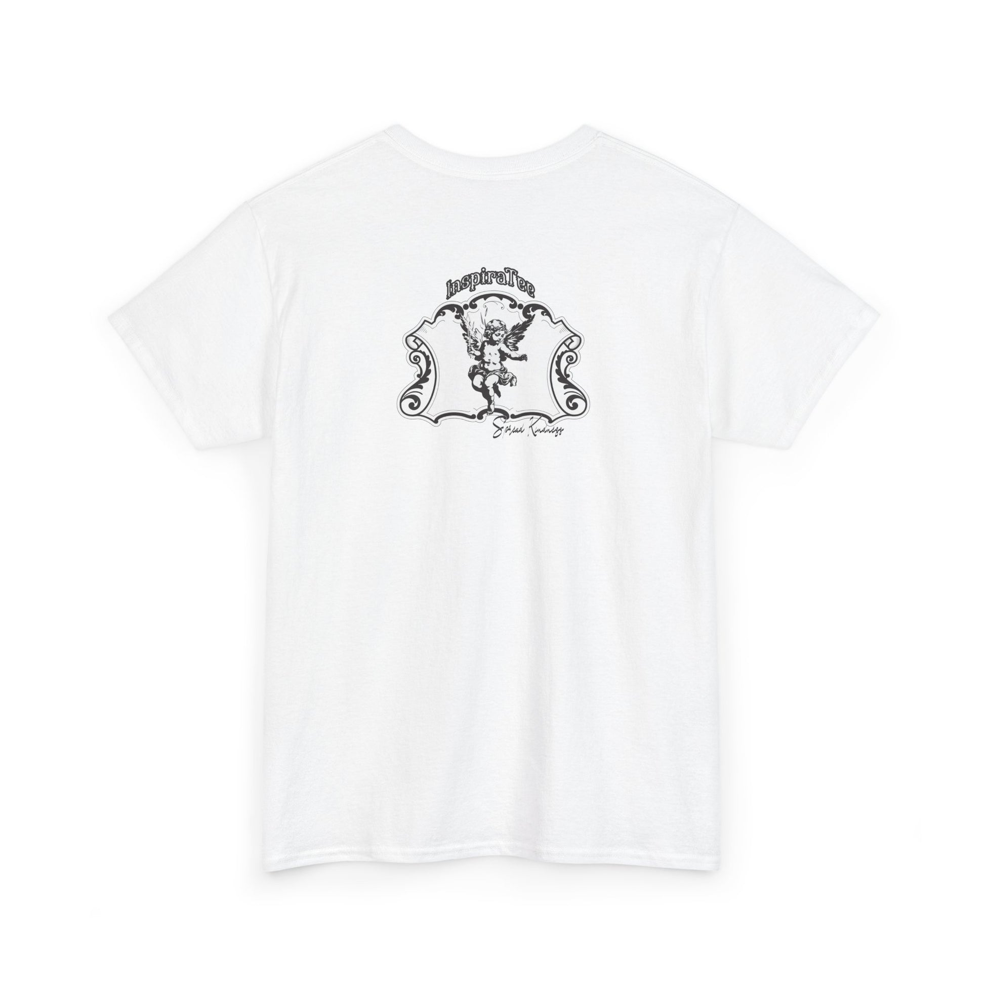 White t-shirt with black graphic design on a white background