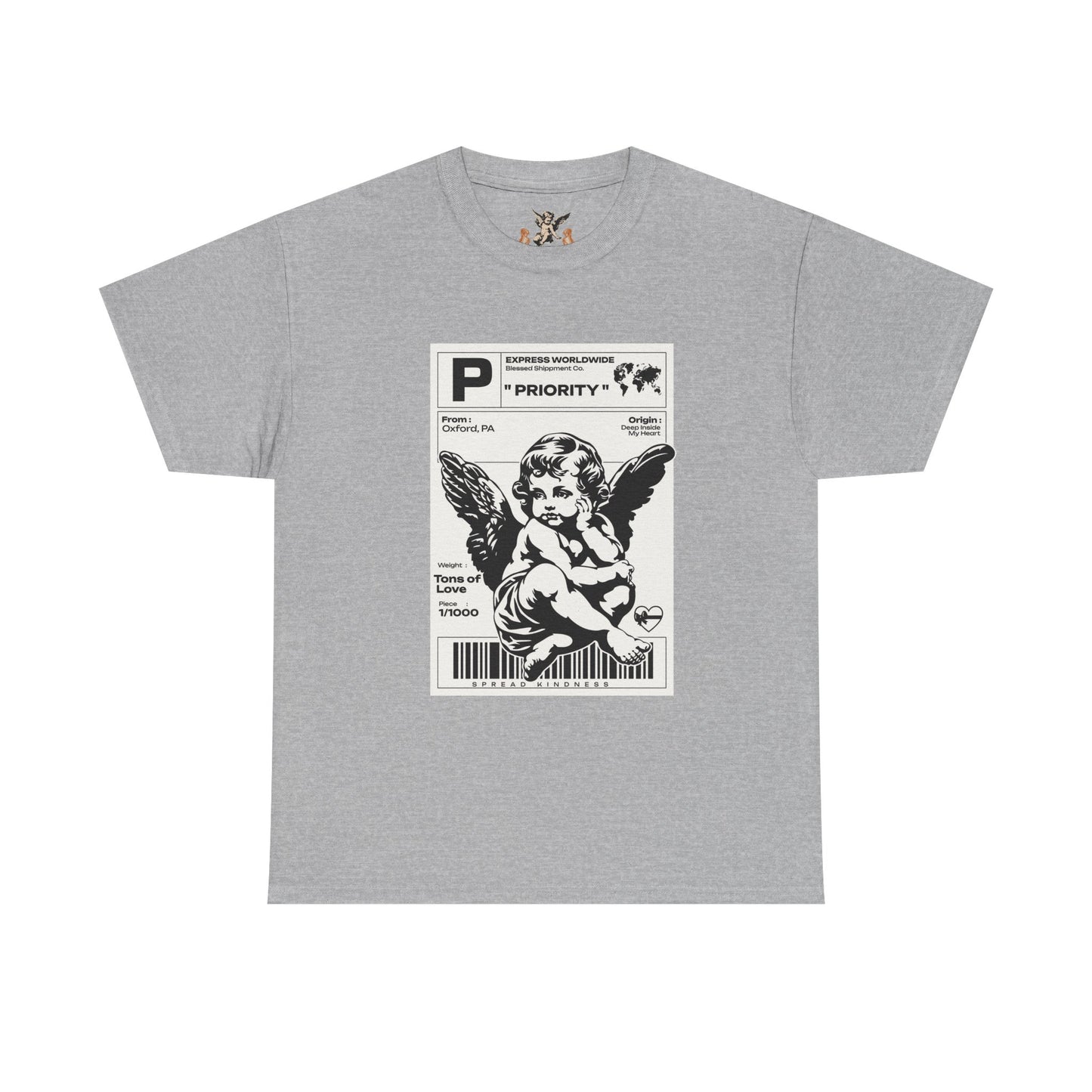 Gray t-shirt with a graphic of an angel and text on a white background