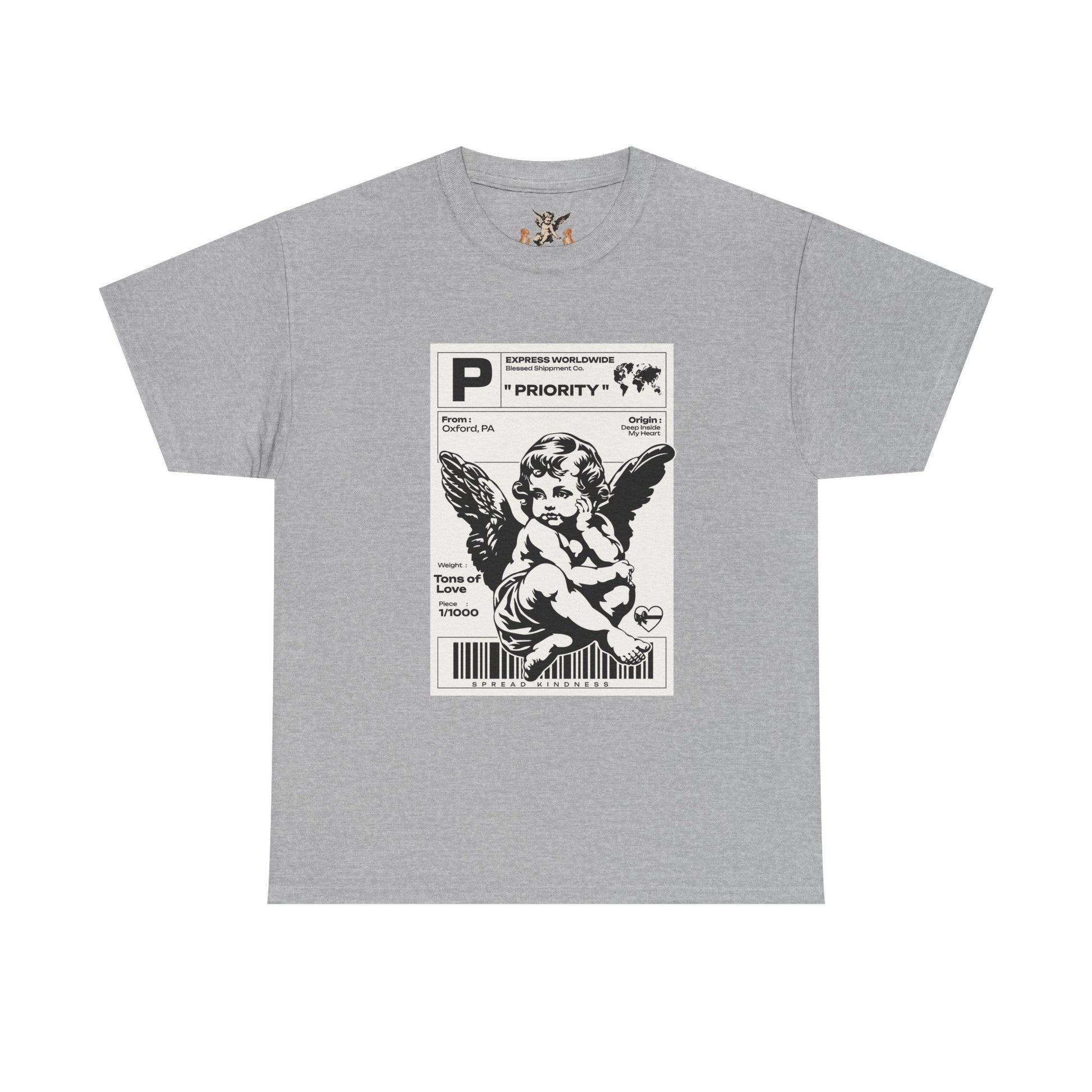 Gray t-shirt with a graphic of an angel and text on a white background