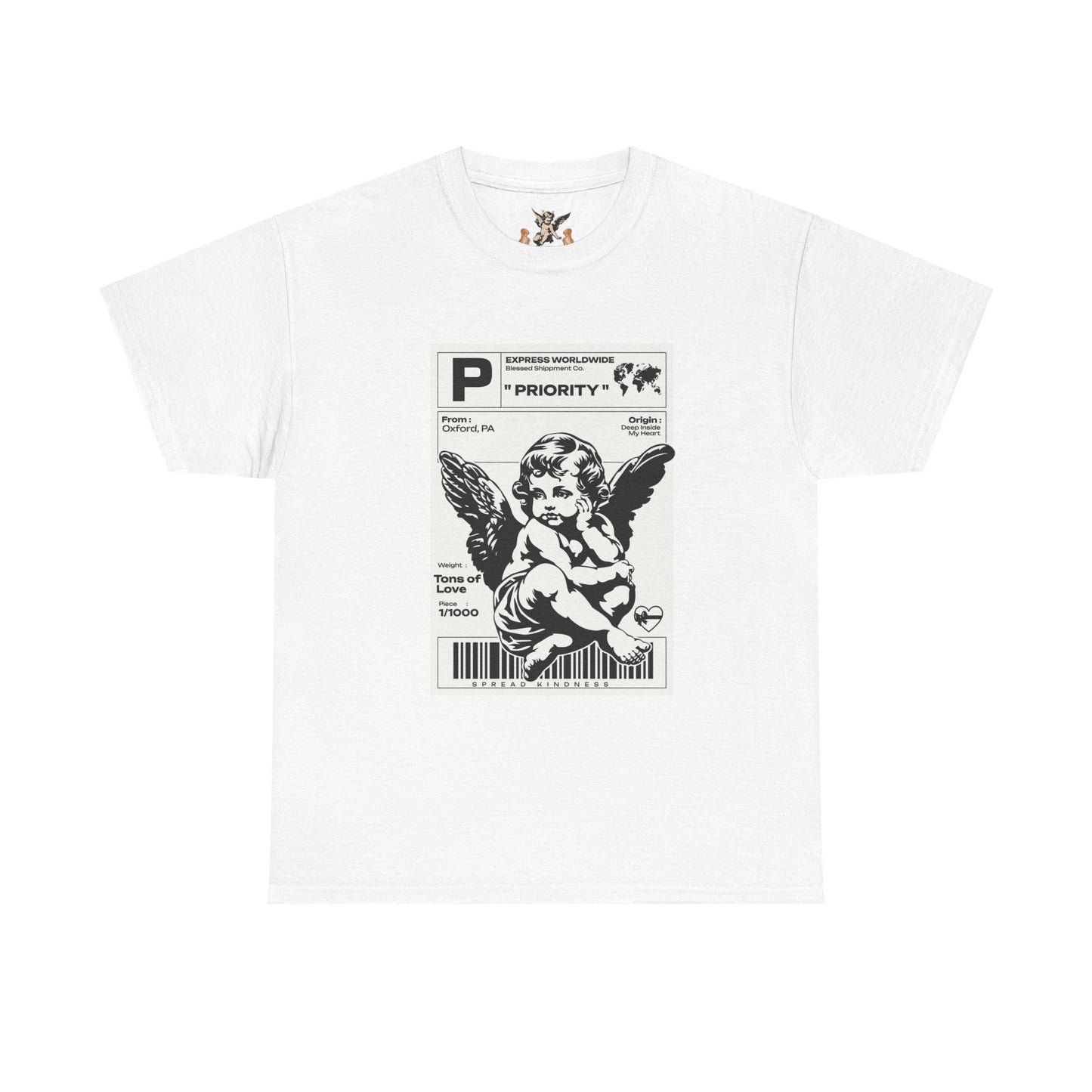 White t-shirt with black graphic design of an angel on a white background