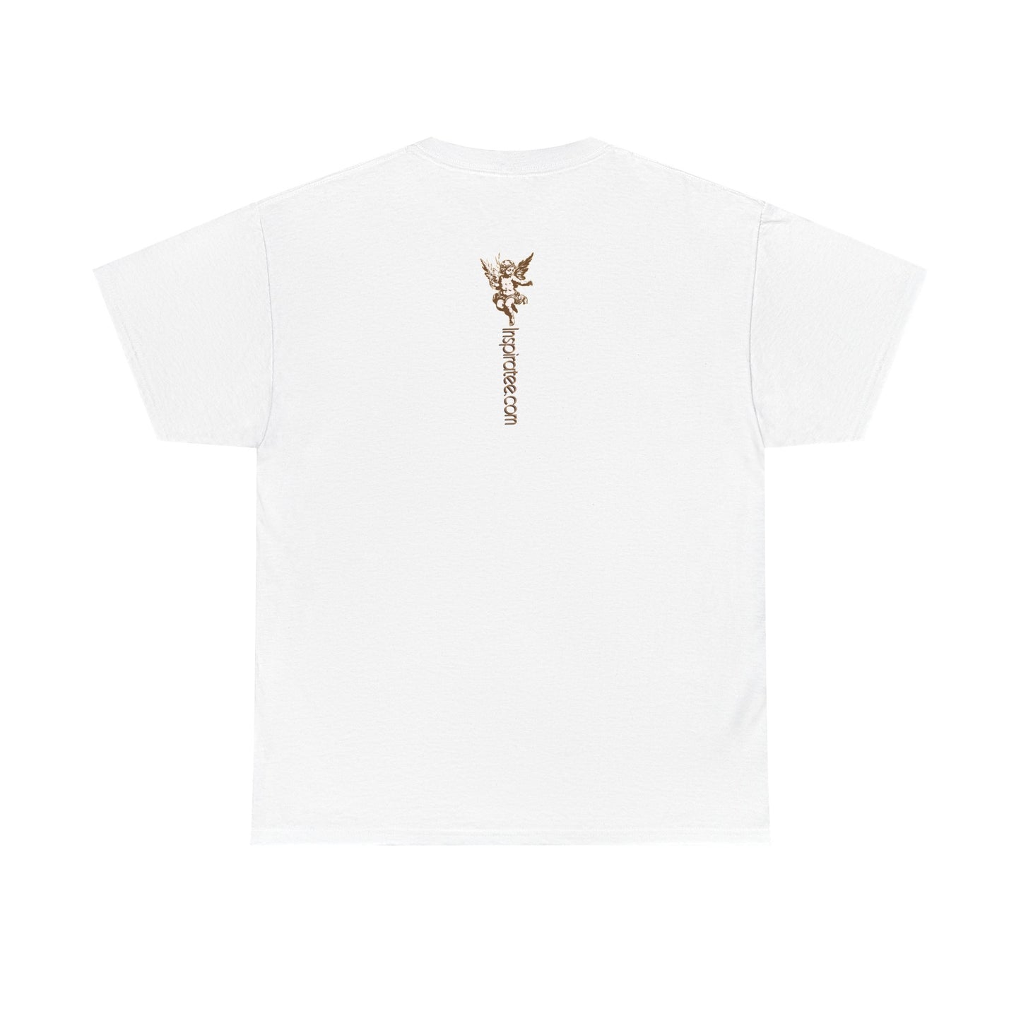 White t-shirt with a small logo on the chest against a white background