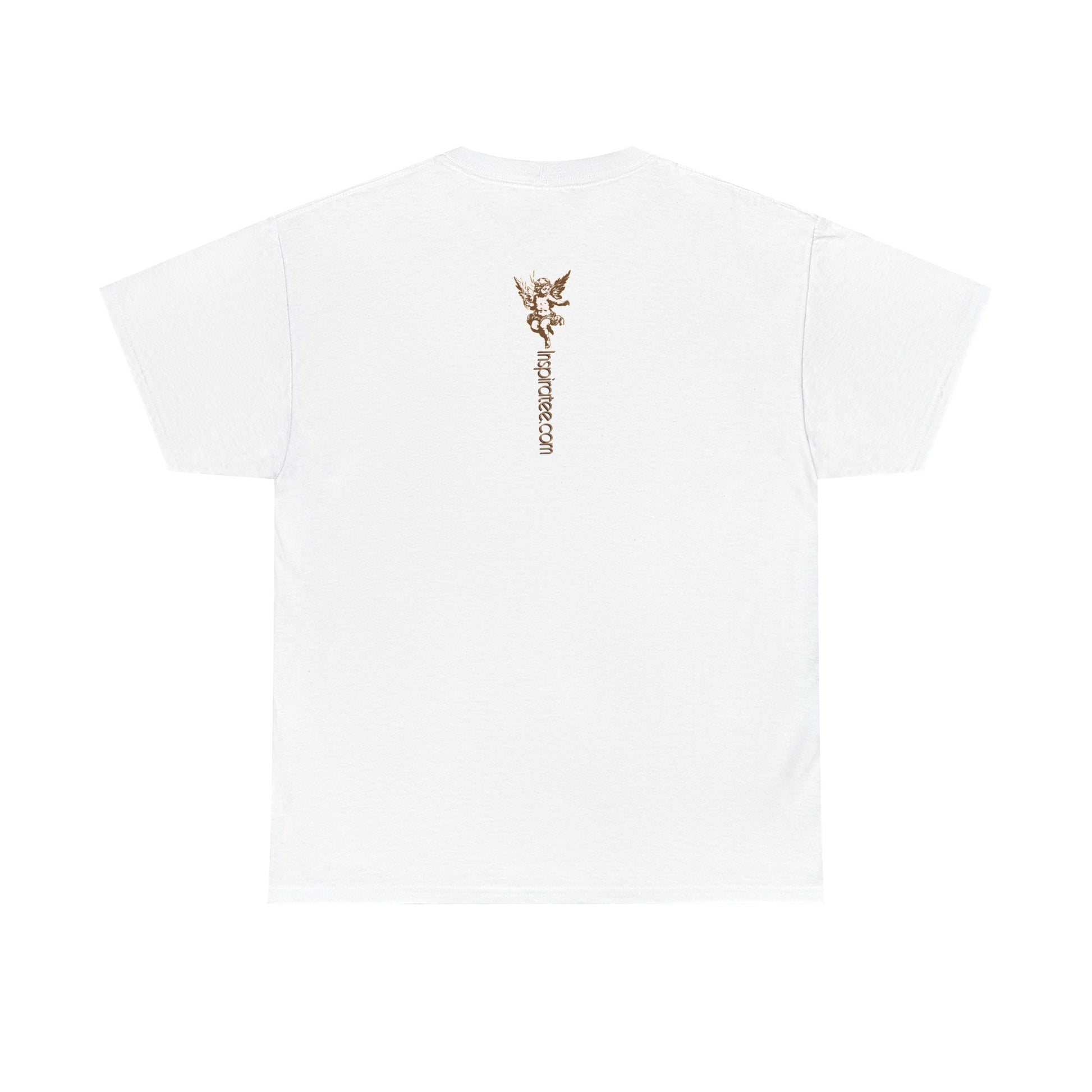 White t-shirt with a small logo on the chest against a white background
