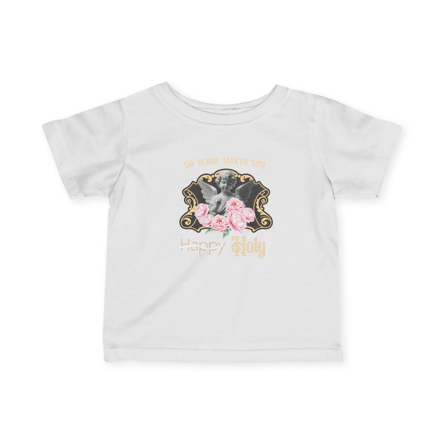 Infant Tee — 'Happy Holy' Cherub Floral Baby Shirt with Angel Wings Back