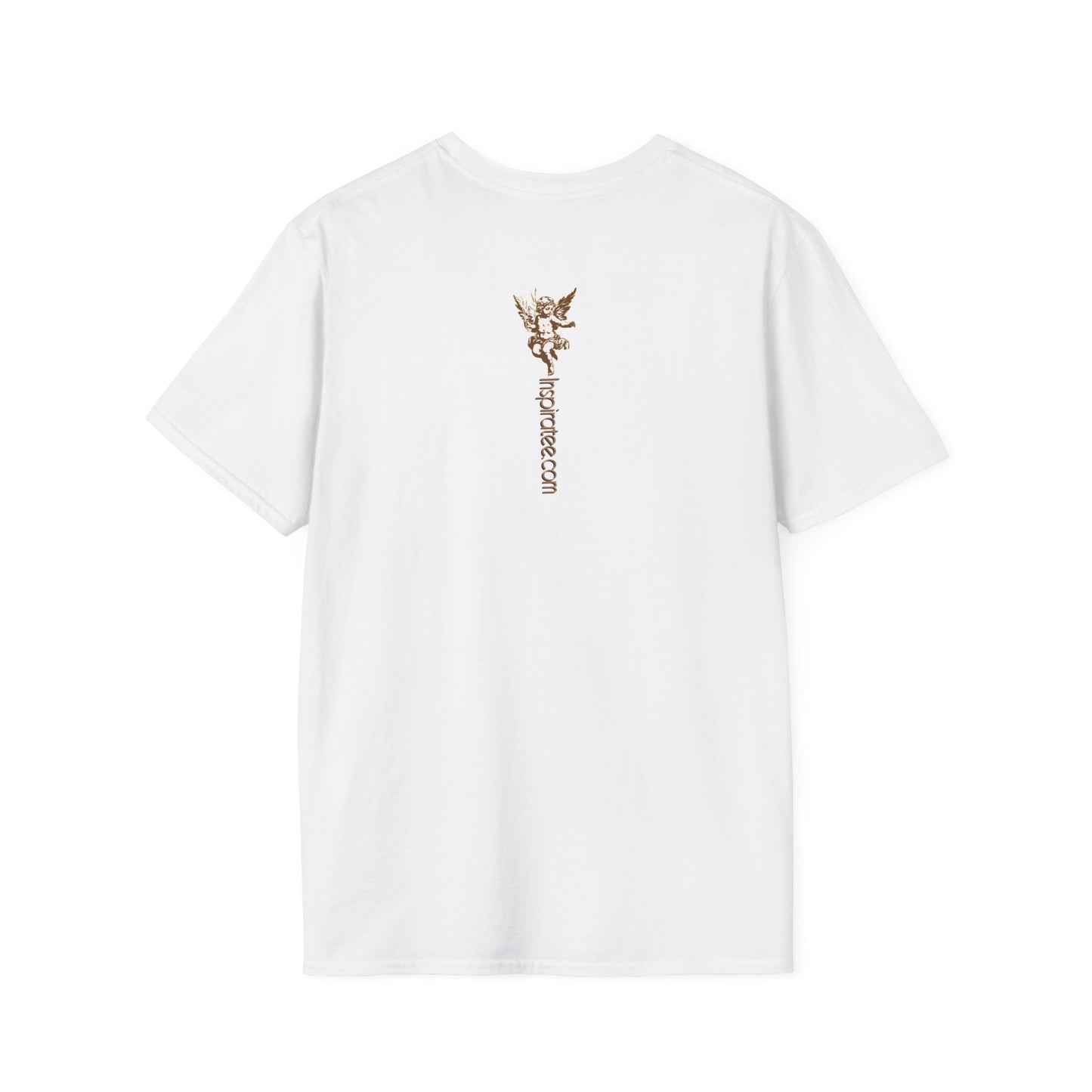 White t-shirt with gold design on the back against a white background