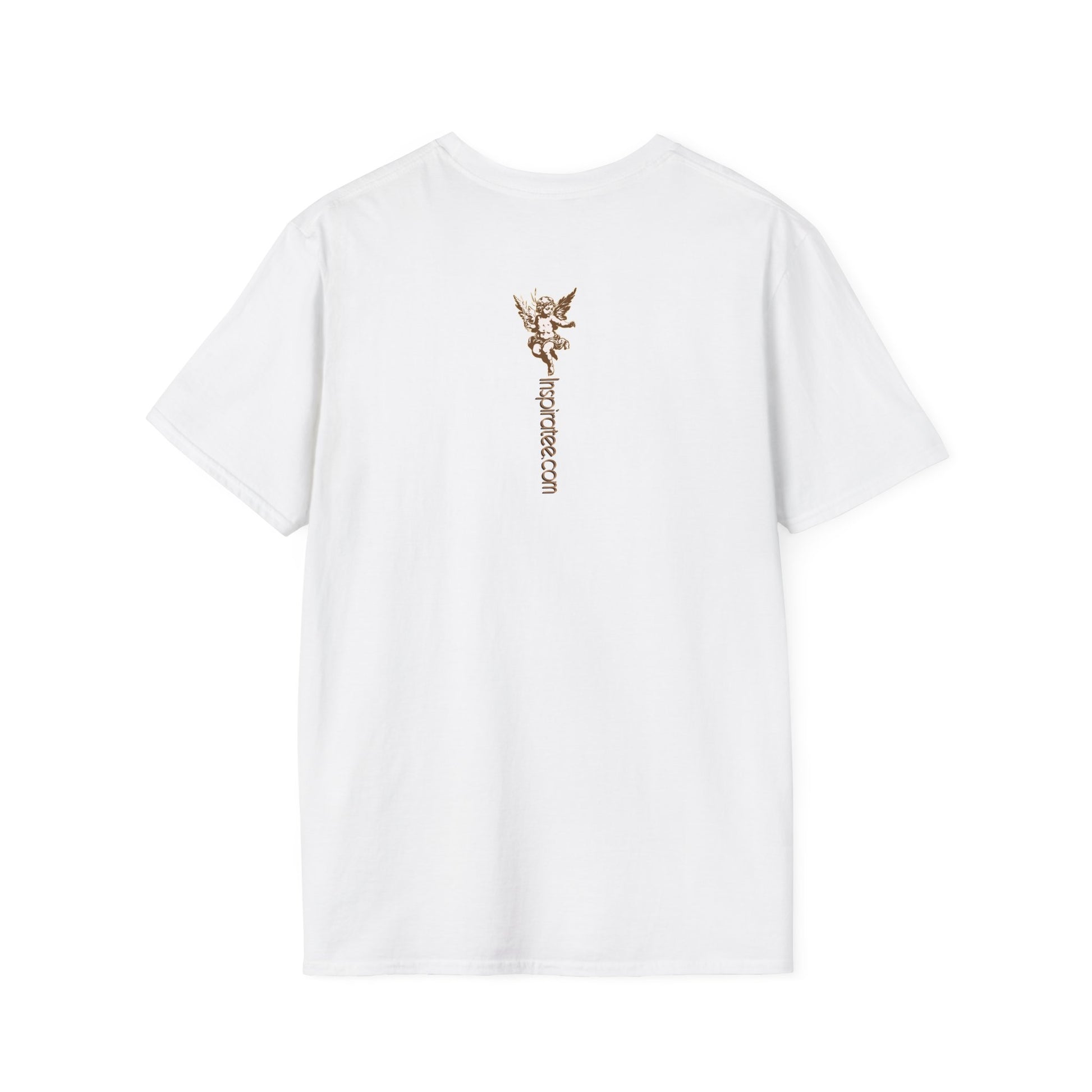White t-shirt with gold design on the back against a white background
