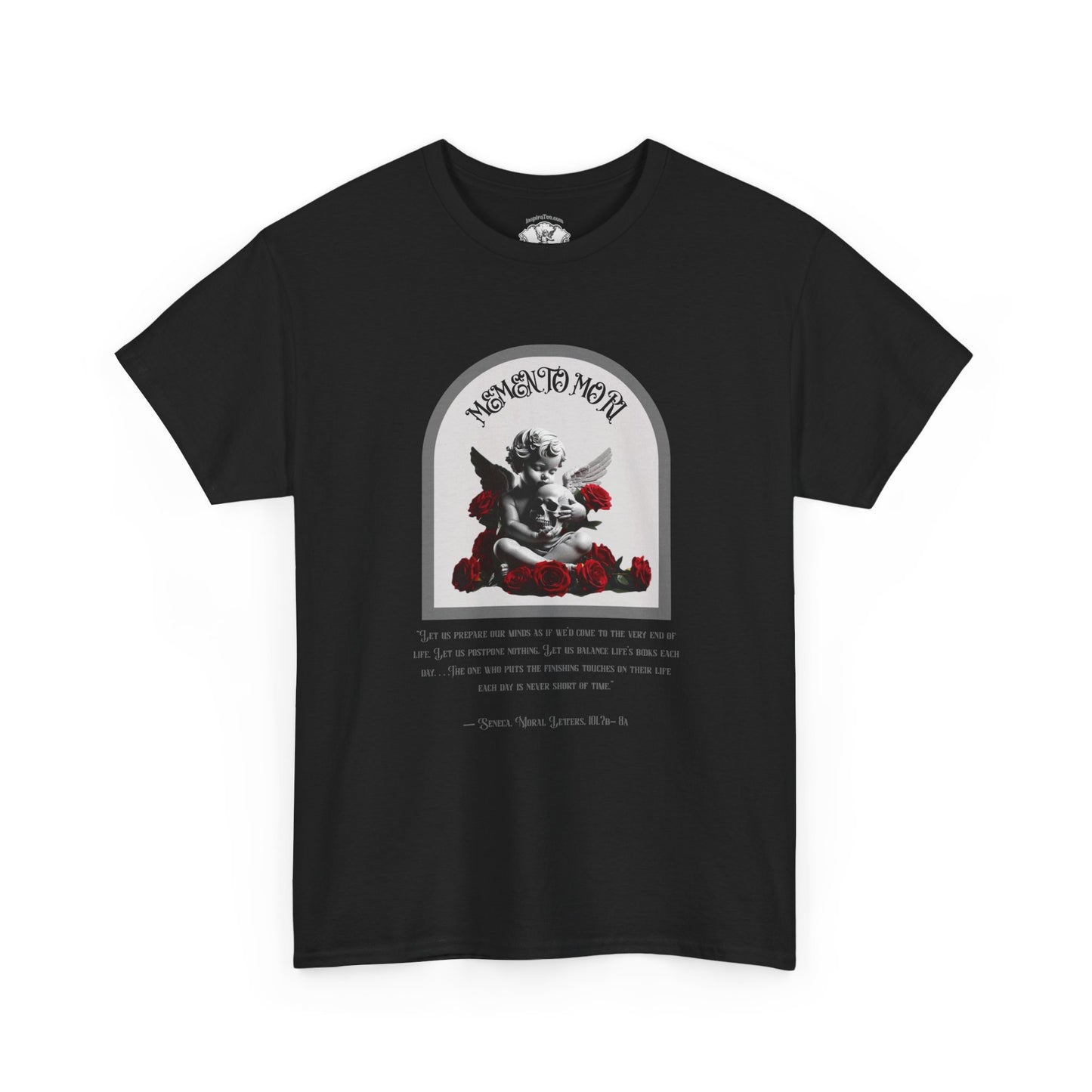 Black t-shirt with graphic design of an angel and roses on a white background