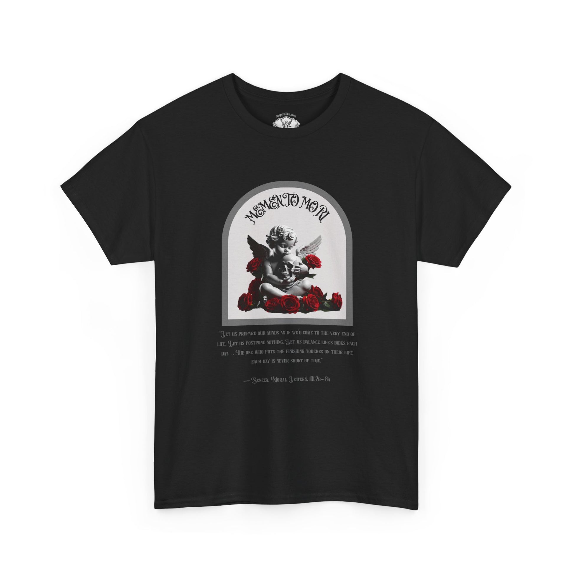 Black t-shirt with graphic design of an angel and roses on a white background