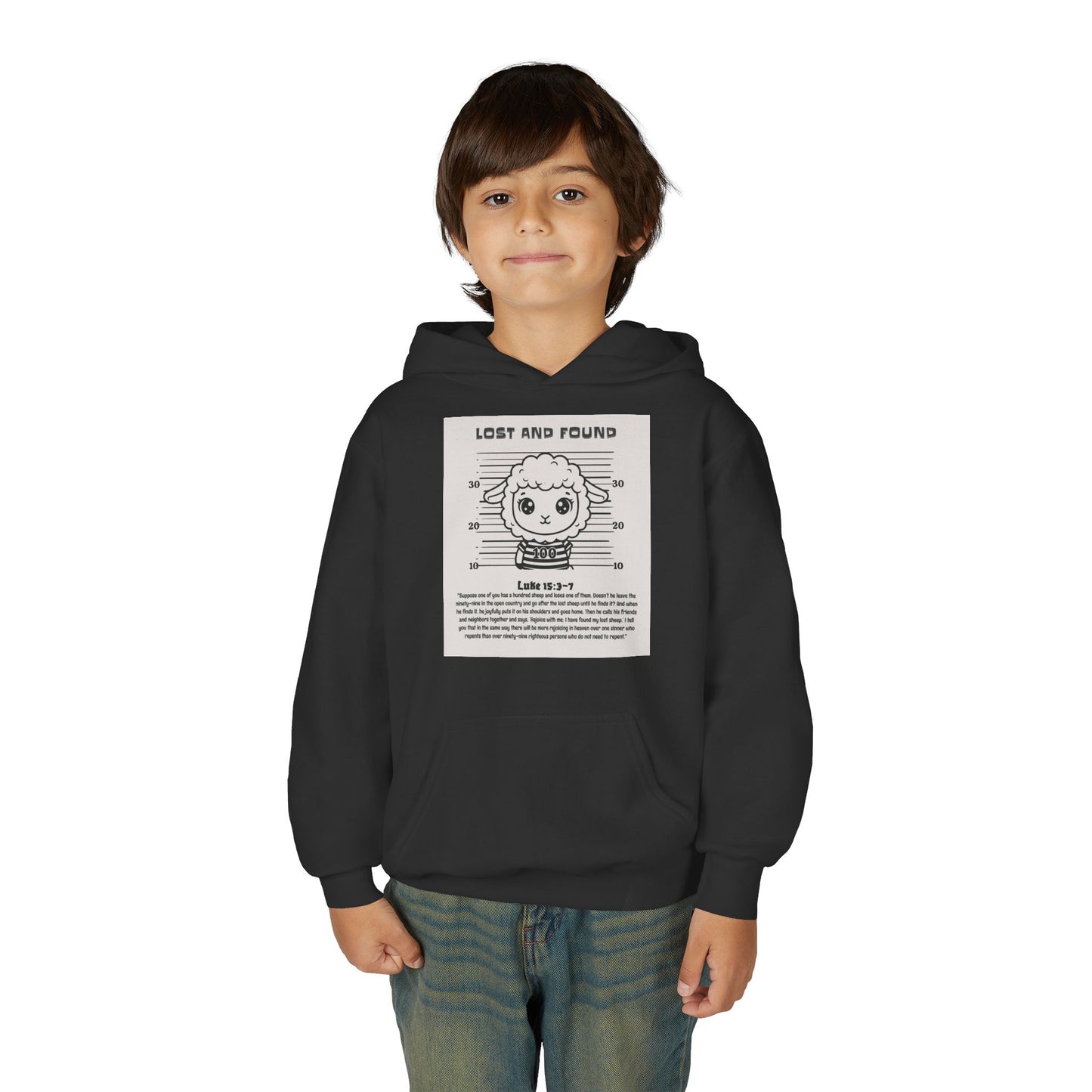 Child wearing a black hoodie with a graphic design on a white background