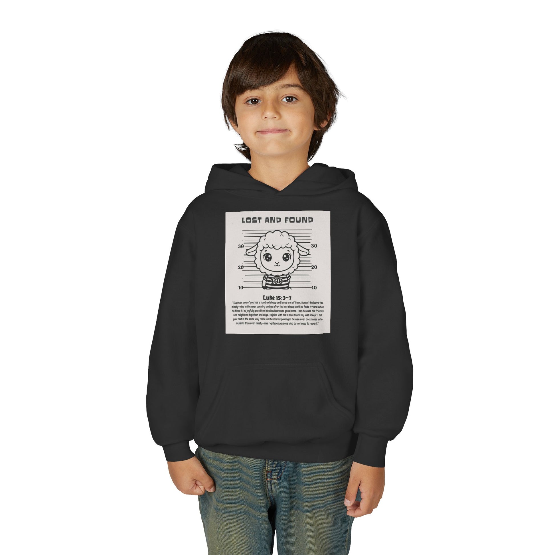 Child wearing a black hoodie with a graphic design on a white background