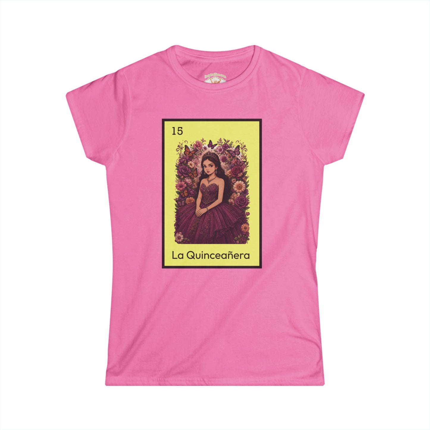 Pink t-shirt with 'La Quinceááñera' design on a white background