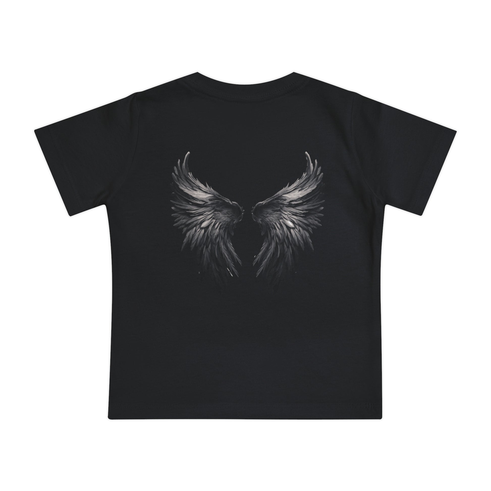 Black t-shirt with white angel wings design on a white background