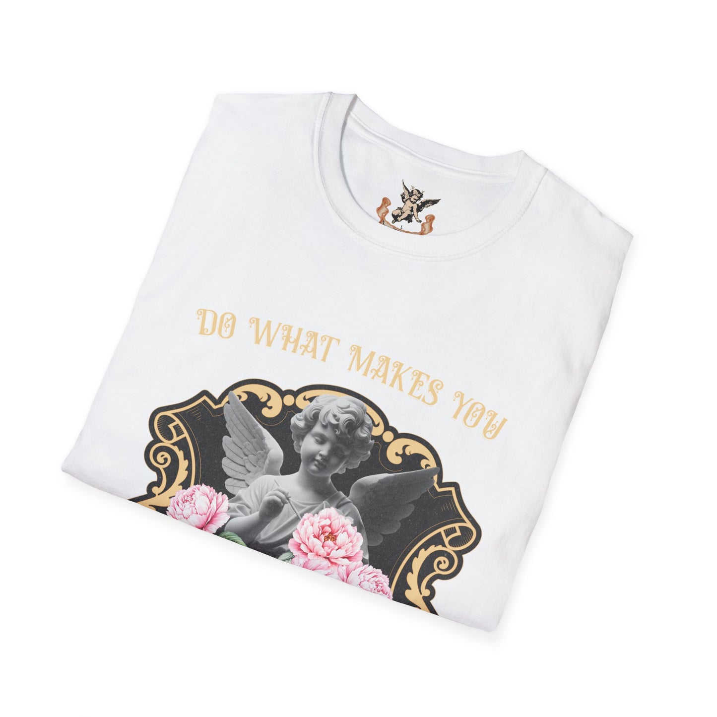 White t-shirt with angel graphic and text 'Do What Makes You' on a white background