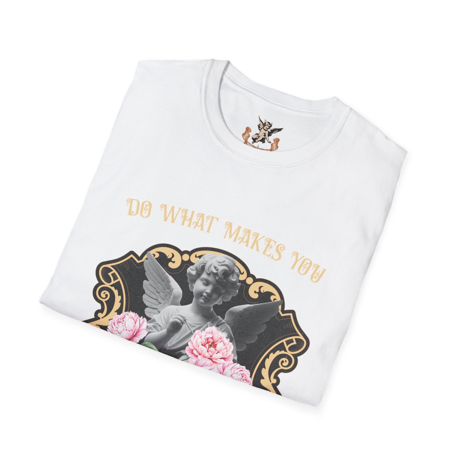 White t-shirt with angel graphic and text 'Do What Makes You' on a white background