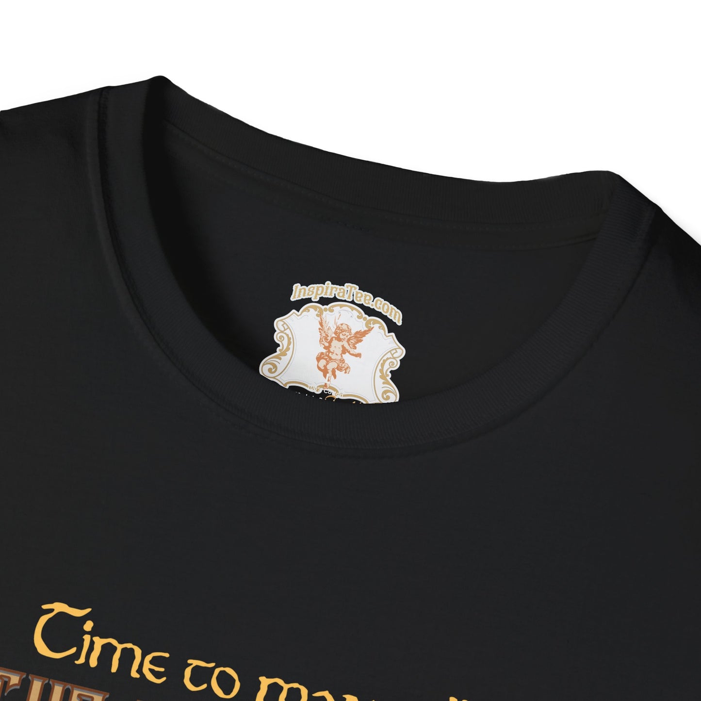 Black t-shirt with a decorative angel design and text on a white background