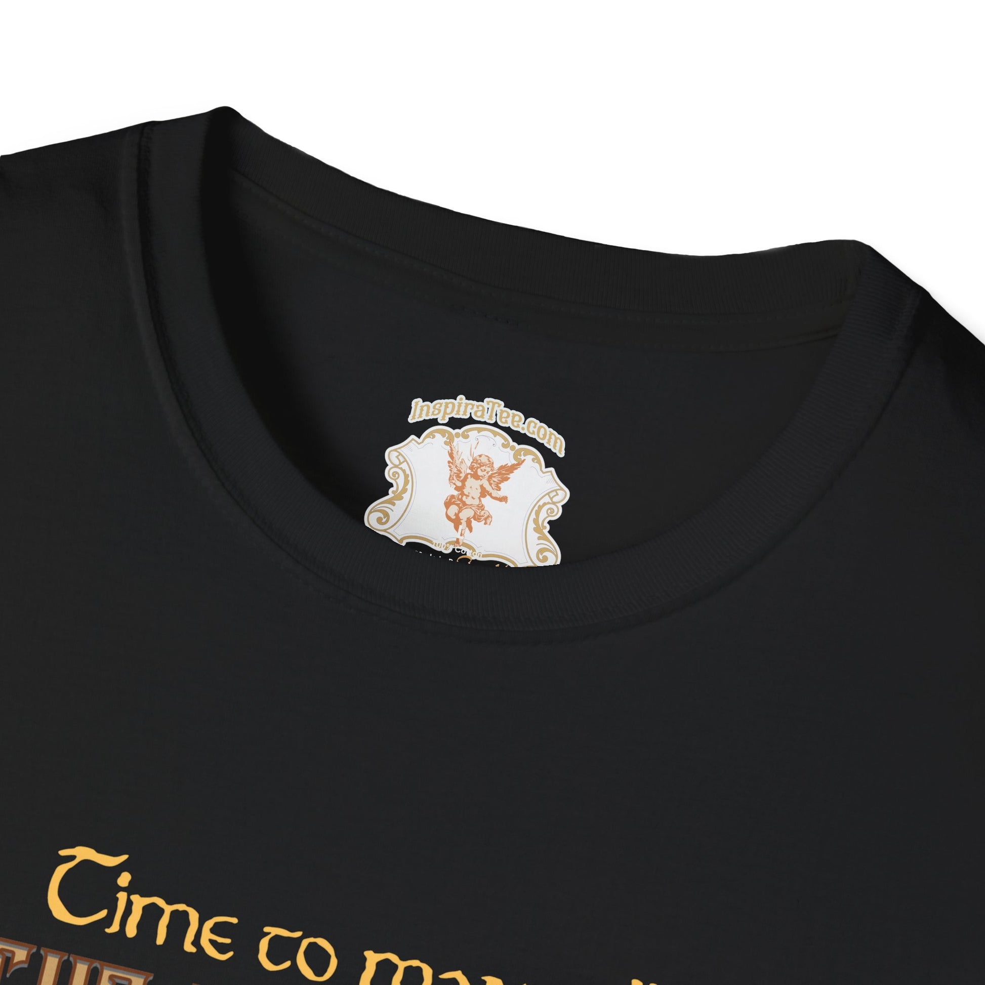 Black t-shirt with a decorative angel design and text on a white background