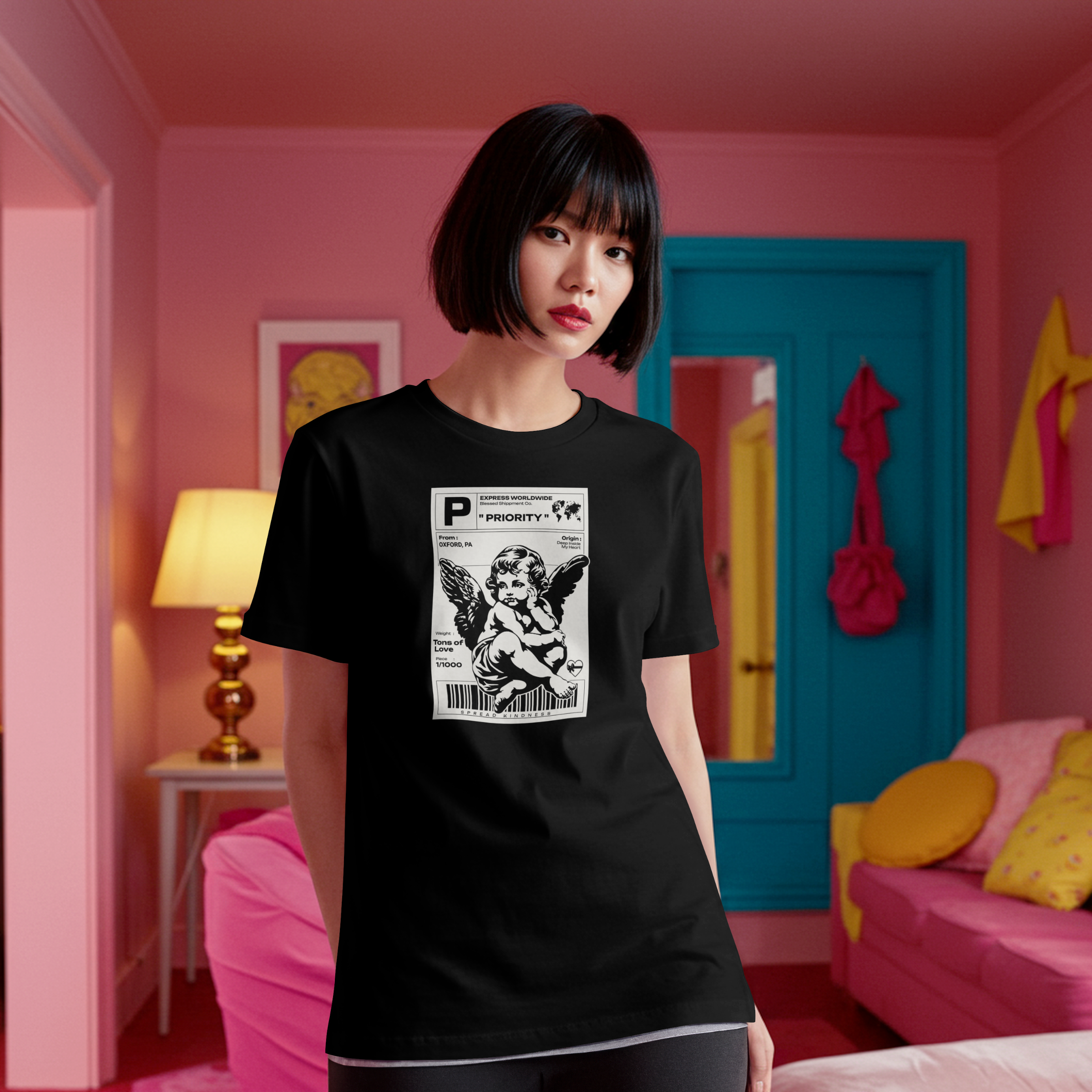 Person wearing a black t-shirt with a graphic design in a colorful room.